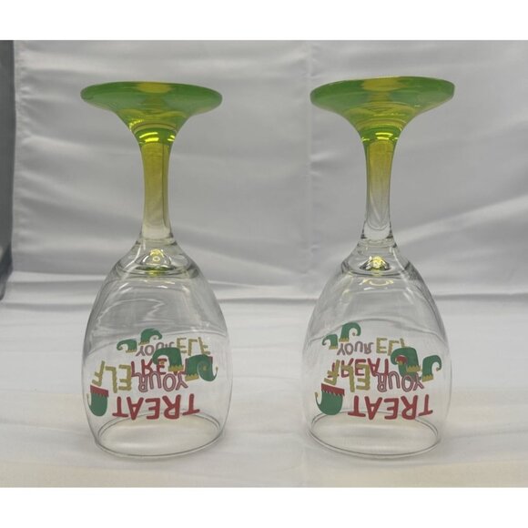 Cristar Set-2 "Treat Your Elf" Holiday Wine Glasses With Green Ombre Stems - Picture 3 of 4